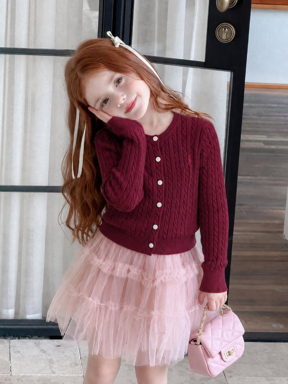 Girls Polo Ralph Lauren Cable Knit Cardigan Sweater Burgundy Size 6